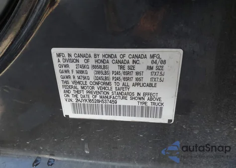 2008 Honda Ridgeline Rtl from USA, damaged, VIN 2HJYK16528H537459